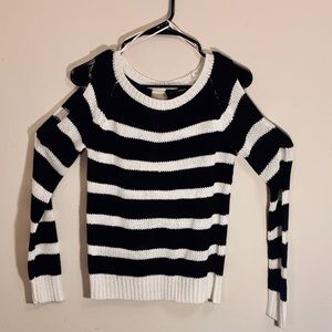 Aqua Striped Open-Shoulder Sweater